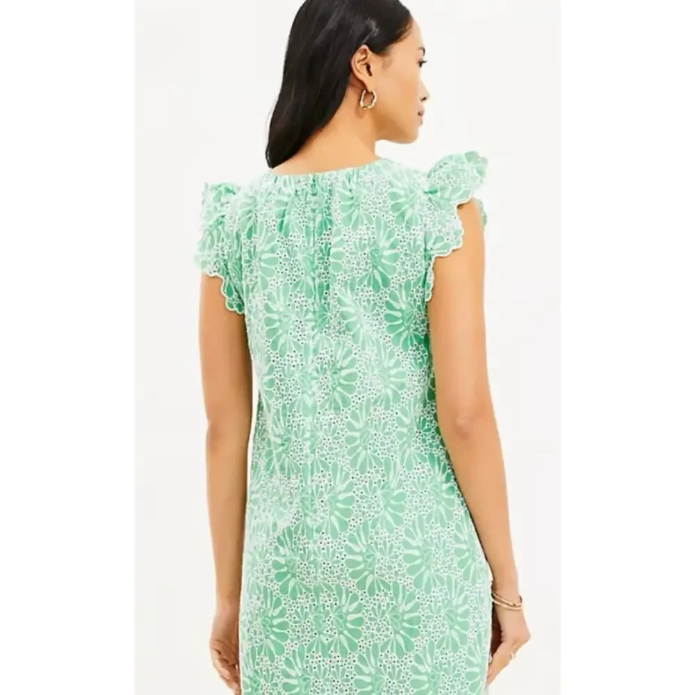 Loft Eyelet Shift Dress Short Flutter Sleeve Womens Size 6 Green White New